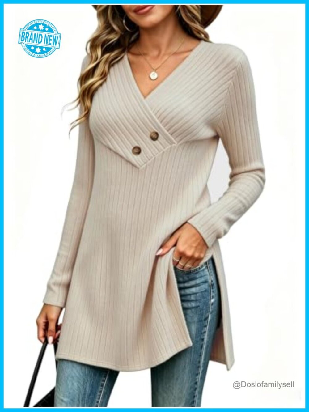 Long Sleeve V Neck Tunic Top Women Loose Fit Ribbed Knit Fall Sweater